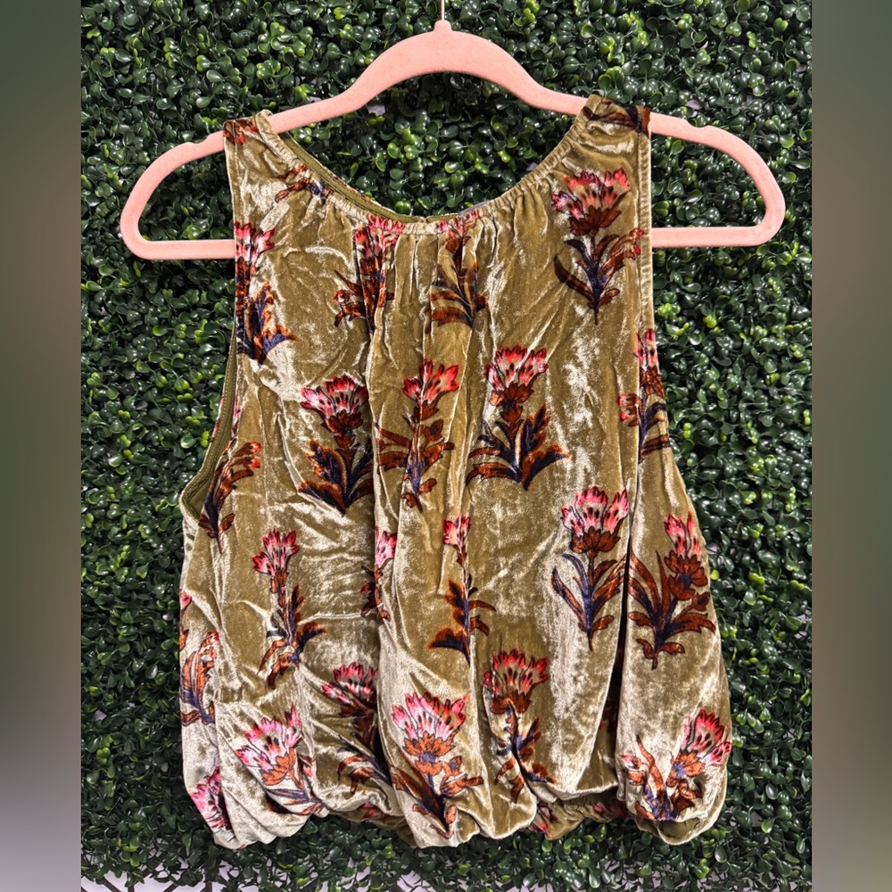 Anthropologie Olive Green Velvet Floral Tank with Pink & Navy Accents - Picture 2 of 2